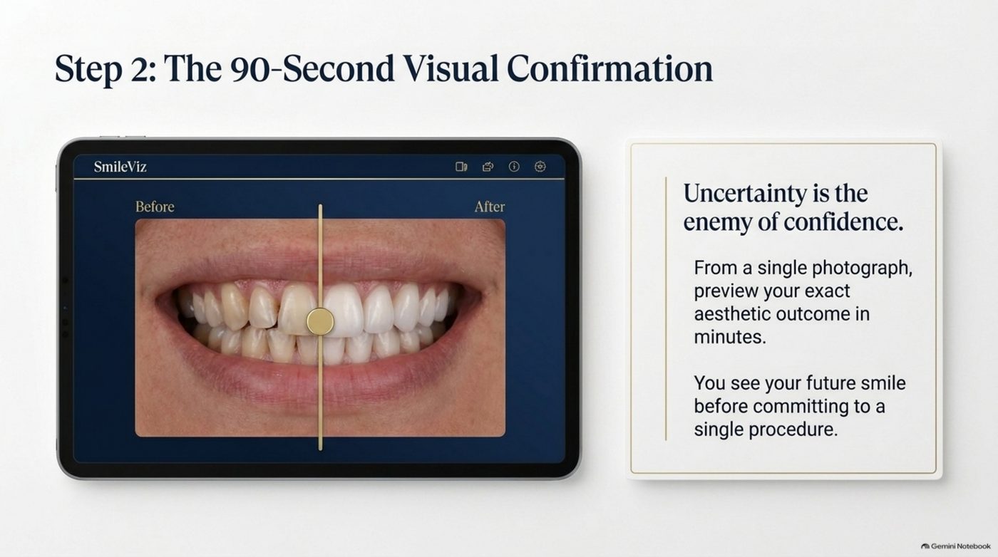 Step 2 of the digital smile roadmap: the 90-second visual confirmation with before and after