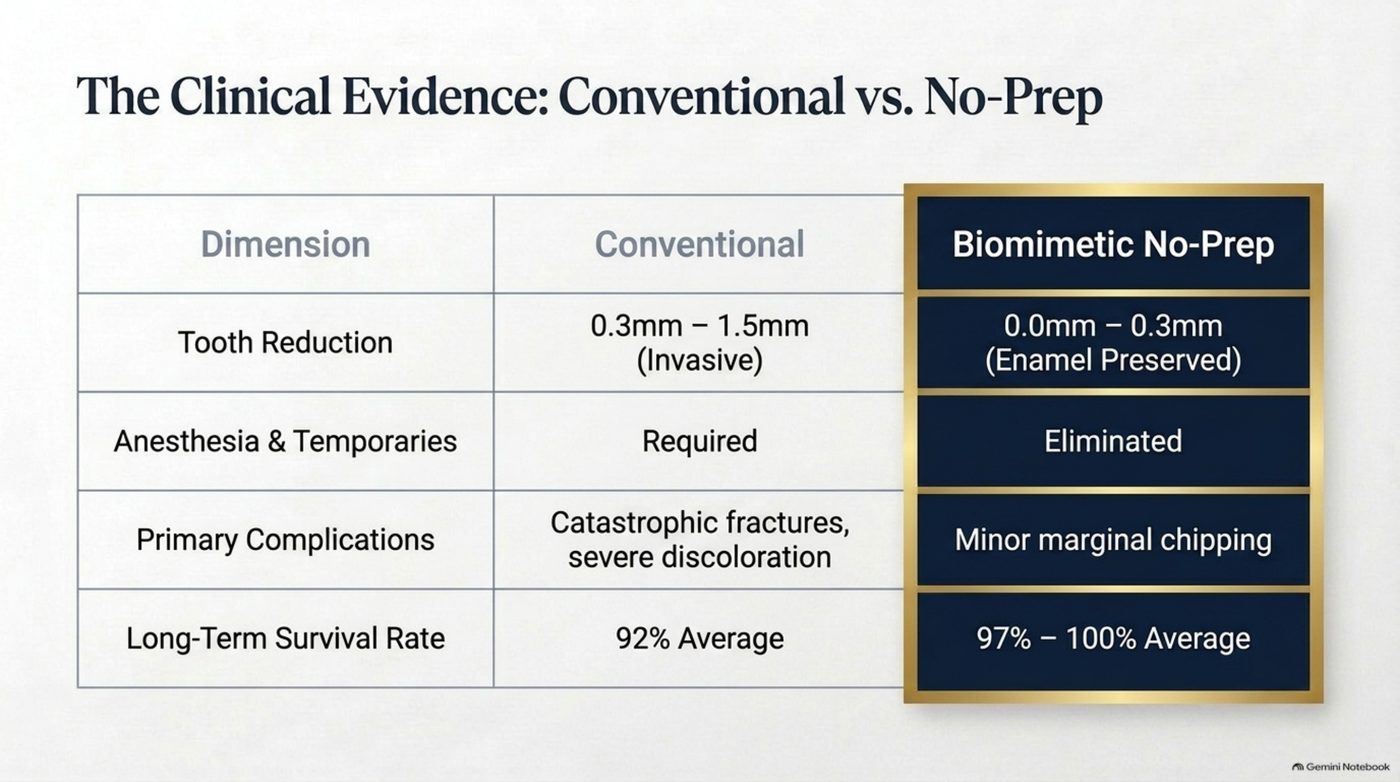 Clinical evidence slide: conventional versus biomimetic no-prep across tooth reduction, anesthesia, complications and survival