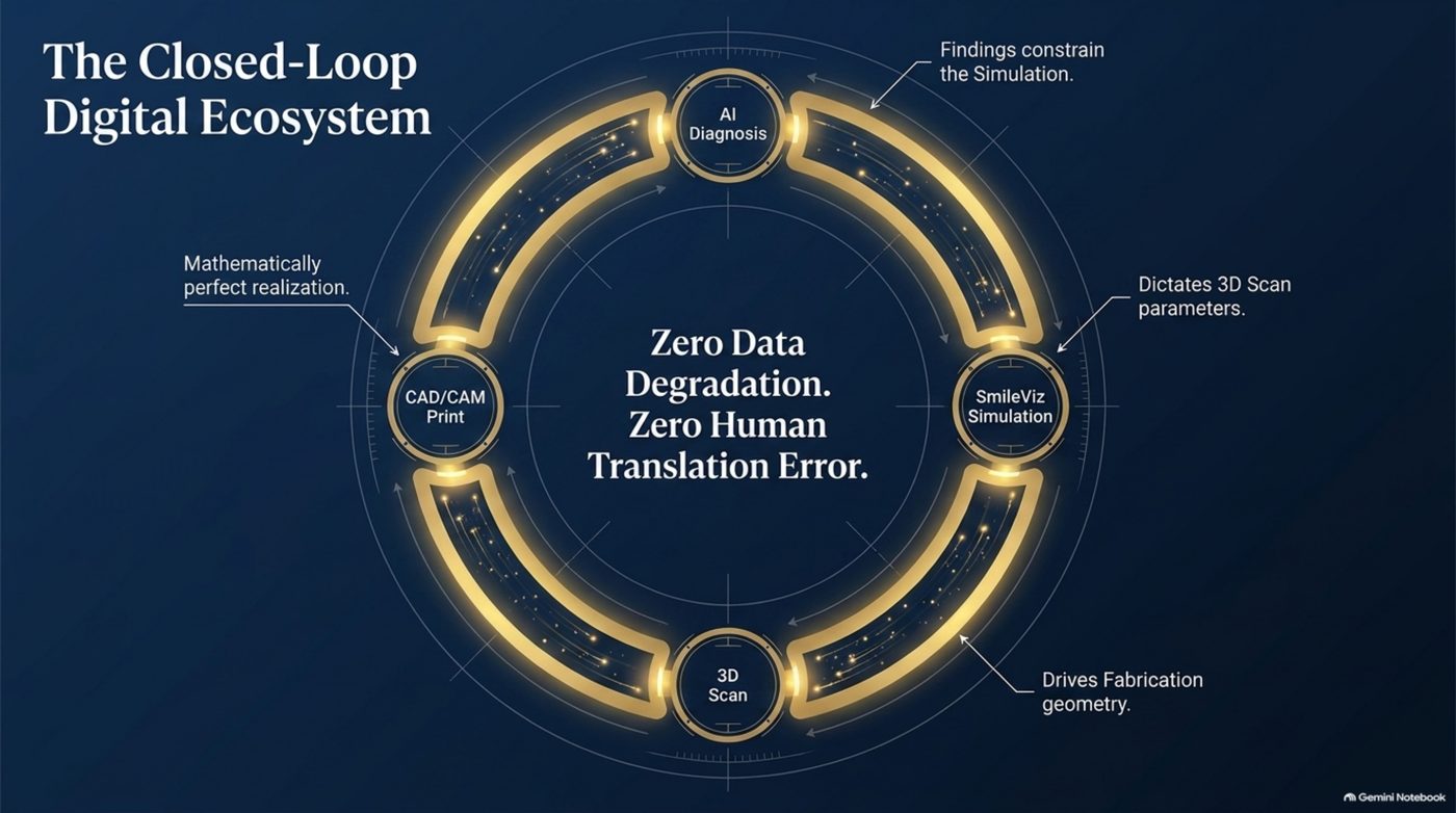 The closed-loop digital ecosystem: AI diagnosis, SmileViz simulation, 3D scan, CAD/CAM and print